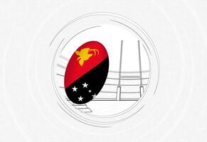 papouasie Nouveau Guinée drapeau sur le rugby balle, doublé cercle le rugby icône avec Balle dans une bondé stade. vecteur