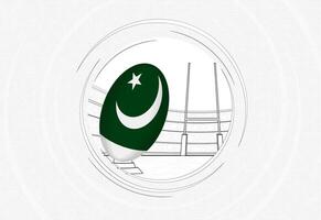 Pakistan drapeau sur le rugby balle, doublé cercle le rugby icône avec Balle dans une bondé stade. vecteur