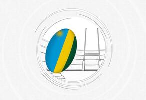 Rwanda drapeau sur le rugby balle, doublé cercle le rugby icône avec Balle dans une bondé stade. vecteur