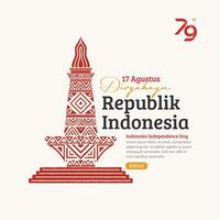 Indonésie indépendance journée social médias poste, dessiné à la main nationale monument avec branché timbre, 17 agustus fête vecteur