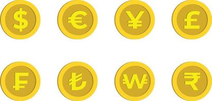 dollar, euro, yen, livre sterling, franc, livre turque, pièce de dessin animé en or signe gagné et roupie, monnaie dargent vecteur