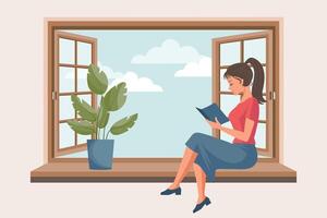 une mignonne femme est en train de lire une livre tandis que séance près un ouvert fenêtre avec une paysage. illustration pour une librairie. éducation concept vecteur