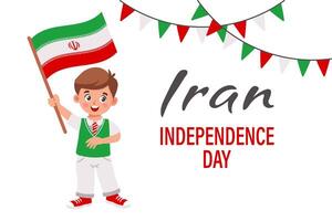 J'ai couru indépendance journée. bannière avec mignonne peu garçon avec iranien drapeau dans main. bannière, affiche, vacances illustration. vecteur