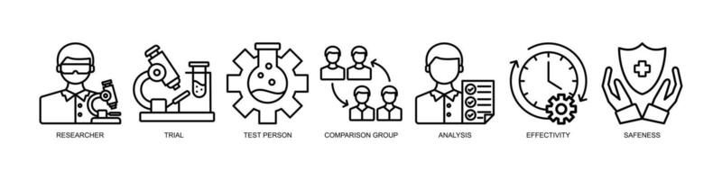 clinique étude bannière la toile icône illustration concept pour clinique procès recherche avec un icône de chercheur, procès, tester personne, Comparaison groupe, analyse, efficacité, et sécurité vecteur