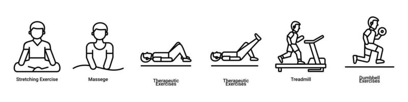 physiothérapie Icônes. adaptatif yoga et massage, physique des exercices sur le tapis roulant vecteur