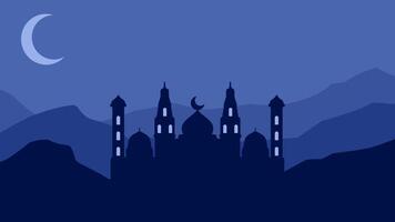 paysage illustration de mosquée silhouette à nuit avec croissant vecteur