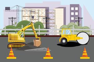 construction site illustration avec excavatrice, rouleau, cônes, et Contexte bâtiments, grue vecteur