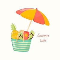 Bonjour été. aux femmes plage sac avec tongs, ananas, crème solaire. été illustration avec plage sac et parapluie vecteur