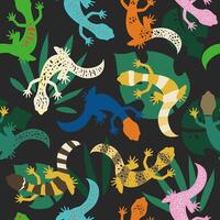 lézards et tropical feuilles sans couture modèle. coloré reptiles exotique illustration pour textile ou emballage papier conception vecteur