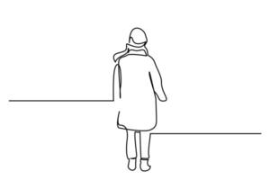 la personne hiver vêtements du froid à l'extérieur retour arrière derrière ligne art vecteur