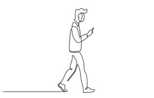 Jeune Masculin en marchant vers le bas le rue en utilisant téléphone intelligent ligne art vecteur