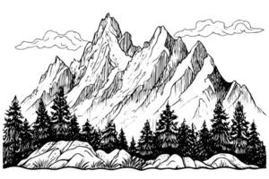 main tiré encre esquisser de Montagne avec pin des arbres paysage. gravé style logotype illustration. vecteur