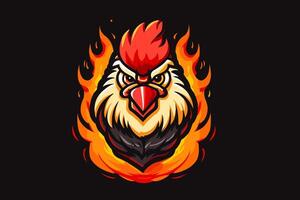 chaud épicé poulet logo conception. coq mascotte. emblème avec poulet tête dans flammes. vecteur