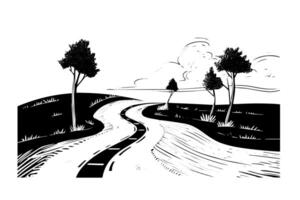 Facile route main tiré encre esquisser Autoroute paysage. gravé style illustration. vecteur
