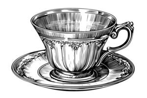 ancien tasse sur une assiette main tiré encre esquisser. gravé style illustration. vecteur