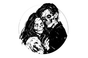 zombi l'amour rencontre paire main tiré encre esquisser. femme et homme des morts-vivants. gravé style illustration. vecteur