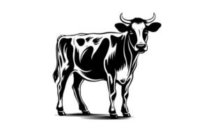 vache logotype main tiré encre esquisser. gravure style illustration. vecteur