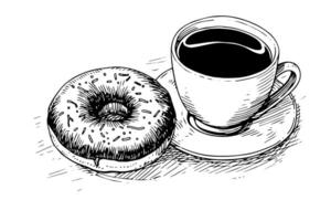 savoureux Donut et café gravure style. main tiré encre esquisser illustration. vecteur