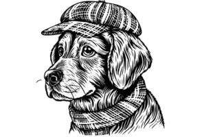 ancien dessiné à la main chien portrait avec chapeau gravure style illustration de mignonne berger dans chapeau. vecteur