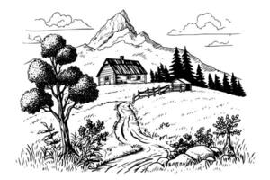 Montagne rural paysage main tiré encre esquisser. gravure ancien style illustration. vecteur