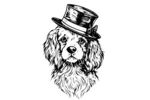 ancien dessiné à la main chien portrait avec chapeau gravure style illustration de mignonne berger dans chapeau. vecteur