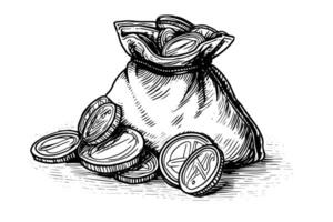 ancien sac plein de argent pièces de monnaie main tiré encre esquisser. gravure style illustration. vecteur