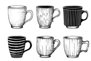 ensemble de ancien tasses ou des tasses main tiré encre esquisser. gravé style illustration. vecteur