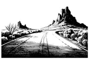 désert route avec montagnes paysage main tiré encre esquisser. gravure style illustration. vecteur