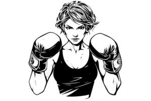femme boxeur main tiré encre esquisser. gravé style illustration. vecteur