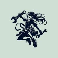 noir silhouette de une mécanicien fille , elle sans crainte sauts dans bataille avec une clé dans sa mains dans une dynamique action anime pose . 2d noir vecteur