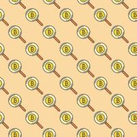 grossissant verre et bitcoin crypto-monnaie coloré sans couture modèle vecteur