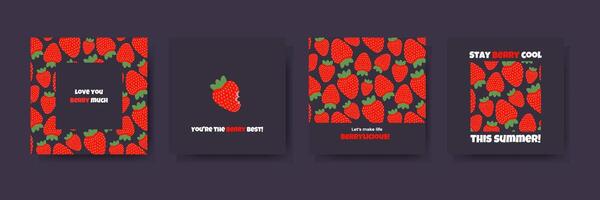 ensemble de mignonne été cartes avec rouge des fraises avec marrant phrases. vecteur