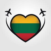 Lituanie Voyage cœur drapeau avec avion Icônes vecteur
