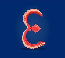 mer animal sous-marin Police de caractère, lettre e dessin animé calamar vecteur