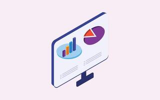 isométrique graphique une analyse illustration avec une ordinateur, bar graphique, et tarte graphique. isométrique conception pour votre affaires présentation. vecteur