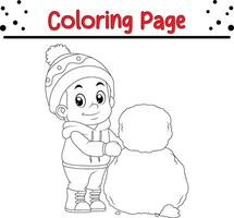 peu garçon bâtiment bonhomme de neige coloration livre page pour les enfants vecteur