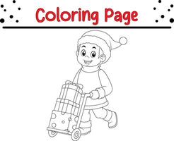 Jeune garçon portant Père Noël claus costume porter cadeaux coloration livre page pour les enfants vecteur