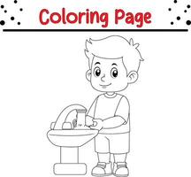 peu garçon laver le sien mains coloration livre page pour les enfants vecteur