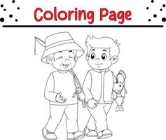 content Sénior père parlant le sien fils tandis que pêche coloration livre page pour les enfants vecteur