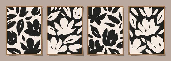 ensemble de abstrait sensationnel floral affiches. branché botanique mur art avec fleur conception impression dans noir et blanc couleurs. moderne naïve pour intérieur décor, couverture, carte, Contexte et minimal imprimer. vecteur