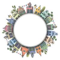 aquarelle illustration de une rond Cadre avec Maisons de le villes de vieux L'Europe . avec des arbres, drapeaux, lanternes. pour le conception et décoration de cartes postales, affiches, des souvenirs, bannières, invitations vecteur