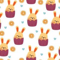 sans couture modèle dessin animé lapin avec Orange petit gâteau. mignonne animal fond d'écran pour textile, cadeau emballage papier vecteur