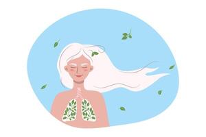 illustration de une content femme avec blanc cheveux et vert feuilles sur sa poumons. concept de écologie, nettoyer air, poumon santé. vecteur