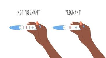 mains tenant un test de grossesse positif et négatif avec une et deux bandes. bras de la vue de dessus de femme afro-américaine. illustration vectorielle à plat avec du texte vecteur