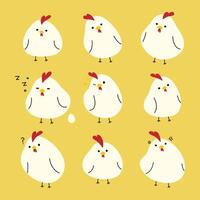 blanc poulet mignonne sur une Jaune arrière-plan, illustration. vecteur