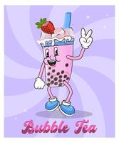 bulle thé avec la glace et fraise dessin animé mascotte illustration personnage, paix signe, agrafe art main dessiné, rose boisson avec noir bulles vecteur