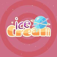 la glace crème texte logotype avec la glace bleu balle, Saturne planète. illustration sur rose Contexte. logo pour marque café et infographies. coloré y2k style vecteur