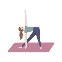 trikonasana yoga pose. Jeune femme personnage pratiquant sur yoga tapis. plat illustration vecteur