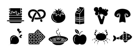nourriture ensemble icône. Crêpes avec sirop, bretzel, tomate, Lait carton, brocoli, champignon, un radis, gaufre, soupe, pomme, crabe, poisson. nourriture, cuisine. vecteur