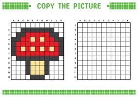 copie le image, Achevée le la grille image. éducatif feuilles de travail dessin avec carrés, coloration cellule domaines. enfants préscolaire activités. dessin animé, pixel art. champignon illustration. vecteur